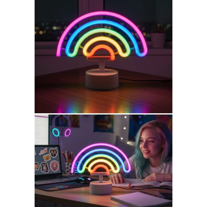 Plastik Gökkuşağı Neon LED Işık – Dekoratif Renkli Masaüstü ve Ambiyans Aydınlatması