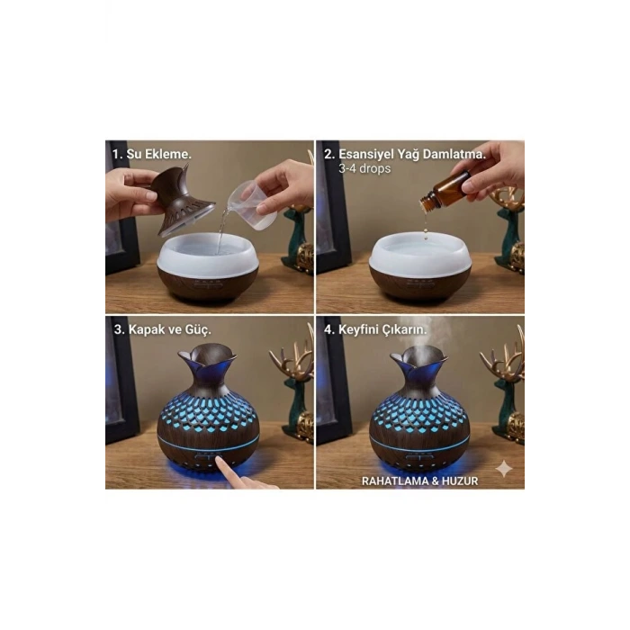 Premium Ahşap Desenli Ultrasonik Aromaterapi Difüzör & Hava Nemlendirici