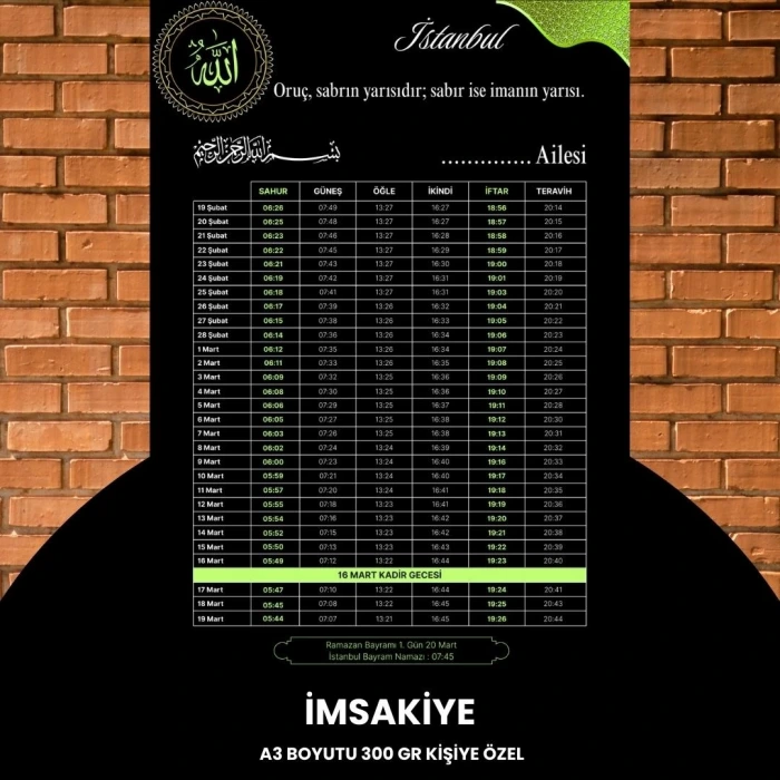 Ramazan İmsakiyesi - 300 Gr - A3 Boyut Kişiye Özel İsimli & Logolu 1 Adet Siyah-yeşil