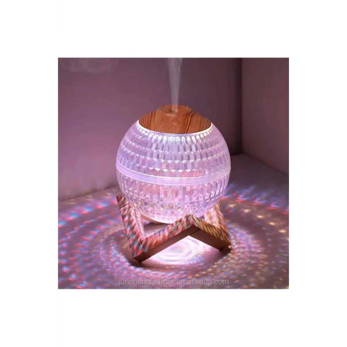 Renkli Kristal Küre Tasarımlı LED Işıklı Hava Nemlendirici – Sessiz Çalışma ve Ahşap Desenli Kapak
