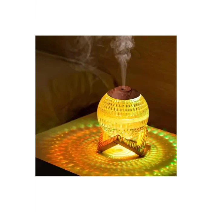 Renkli Kristal Küre Tasarımlı LED Işıklı Hava Nemlendirici – Sessiz Çalışma ve Ahşap Desenli Kapak