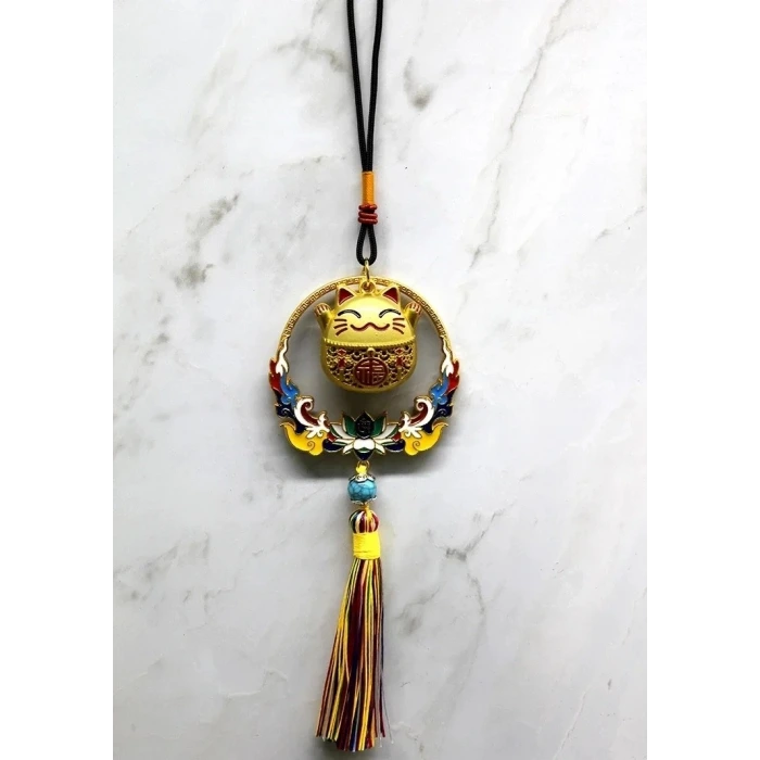 Renkli Püsküllü Şans Kedisi Feng Shui Askılık