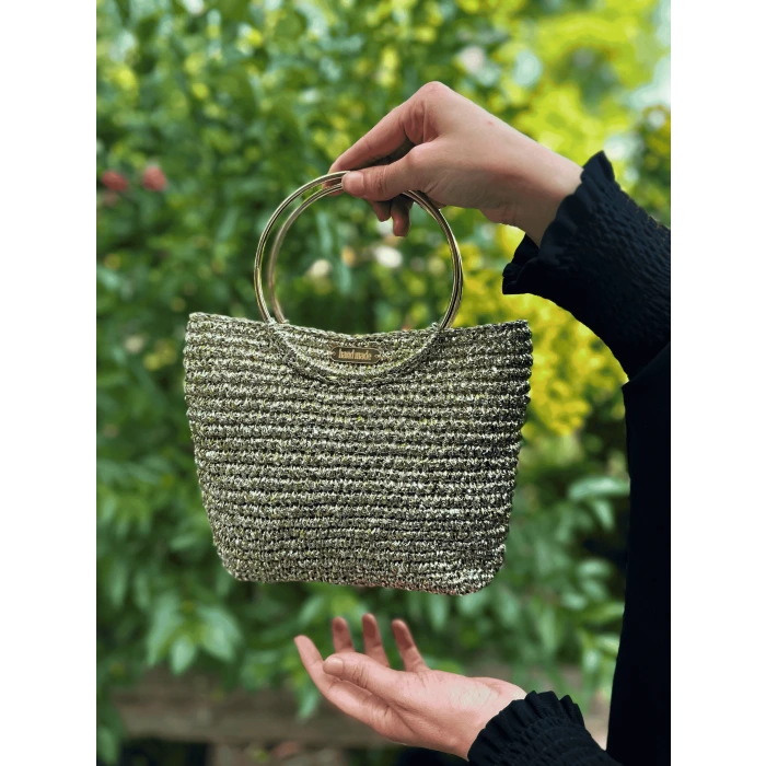 El Yapımı Gold Rafya Örgü Kadın Omuz Çantası