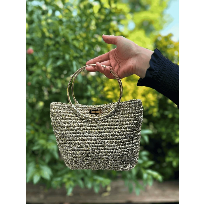 El Yapımı Gold Rafya Örgü Kadın Omuz Çantası