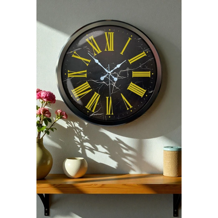 Siyah Mermer Desenli 52 Cm Metal Duvar Saati