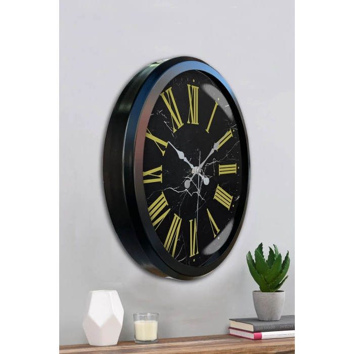 Siyah Mermer Desenli 52 Cm Metal Duvar Saati