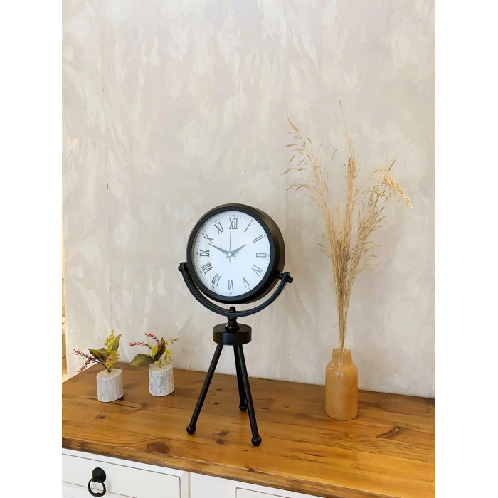 Siyah Metal Mini Tripod Roma Rakamlı Masa Saati 45×26 cm