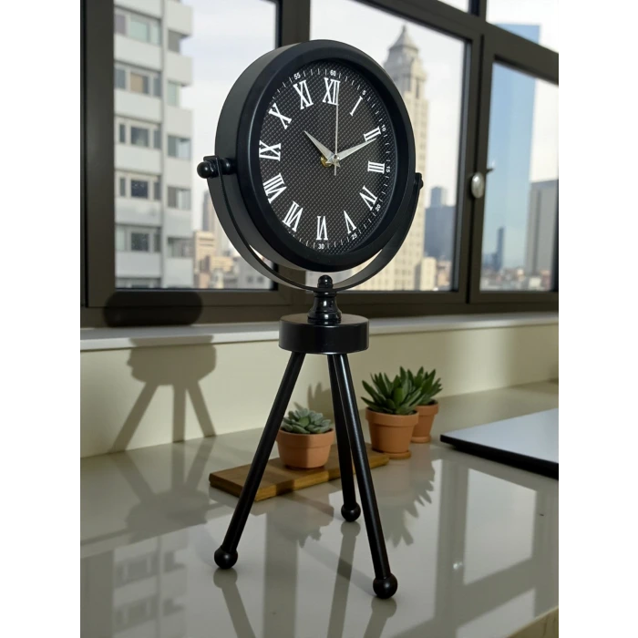 Siyah Zarif Dekoratif Üç Ayaklı Metal Masa Saati