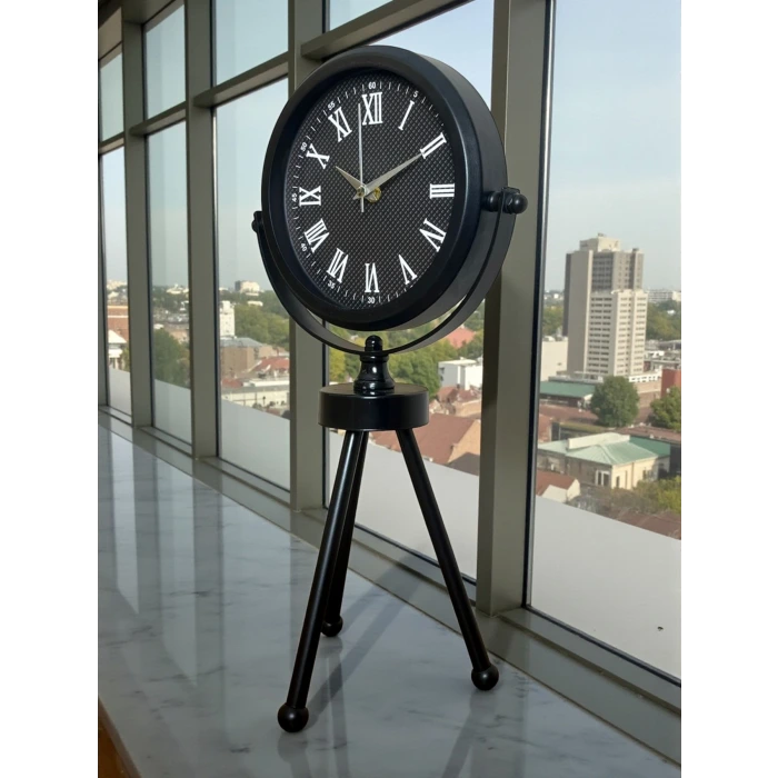 Siyah Zarif Dekoratif Üç Ayaklı Metal Masa Saati