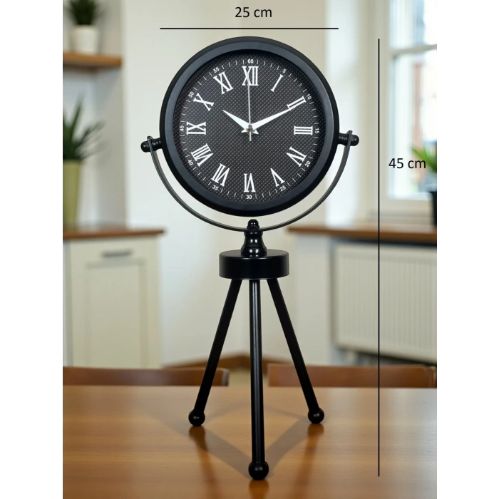 Siyah Zarif Dekoratif Üç Ayaklı Metal Masa Saati