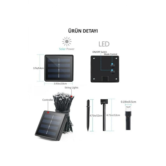 Solar 120 Ledli 10 Metre Gün Işığı Bahçe Aydınlatma Dekorasyon Güneş Enerjili Led Sarı Işık