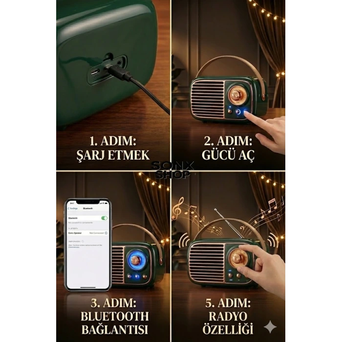 SONX Nostaljik Retro Bluetooth  - FM Radyo, USB ve Bluetooth Kablosuz Hoparlör