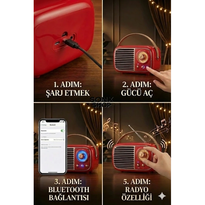 SONX Nostaljik Retro Bluetooth  - FM Radyo, USB ve Bluetooth Kablosuz Hoparlör