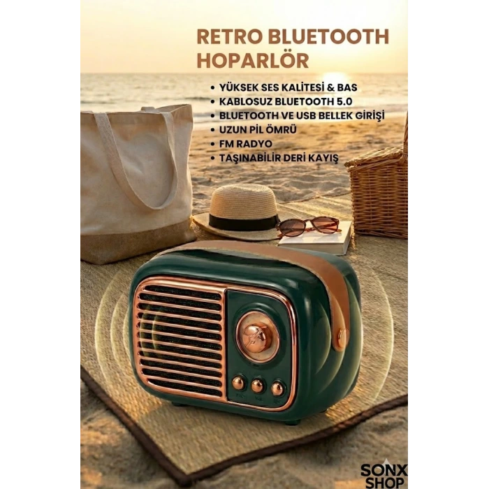 SONX Nostaljik Retro Bluetooth  - FM Radyo, USB ve Bluetooth Kablosuz Hoparlör