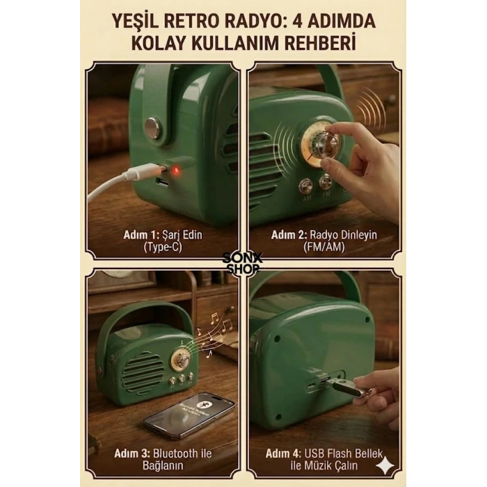 SONX Nostaljik Retro Bluetooth  - FM Radyo, USB ve Bluetooth Kablosuz Hoparlör