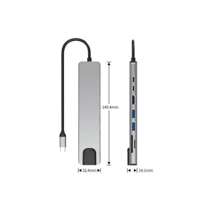 Type-C Çoklu Dönüştürücü – 87W PD, HDMI, 2x USB 3.0, RJ45, SD/TF Kart Girişli Hub