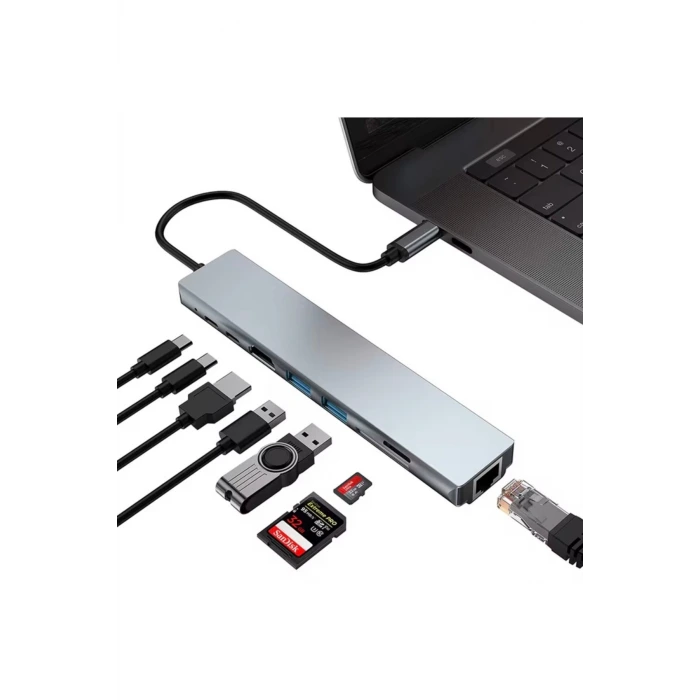 Type-C Çoklu Dönüştürücü – 87W PD, HDMI, 2x USB 3.0, RJ45, SD/TF Kart Girişli Hub