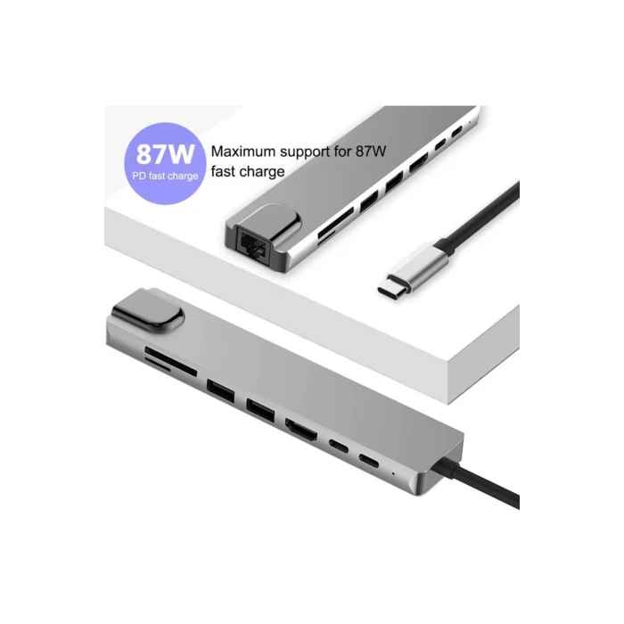 Type-C Çoklu Dönüştürücü – 87W PD, HDMI, 2x USB 3.0, RJ45, SD/TF Kart Girişli Hub