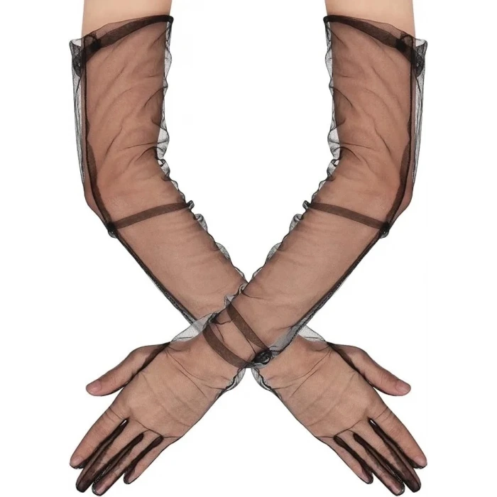 Uzun Boy Likralı Siyah Renk Yetişkin Mega Tül Eldiven 53 Cm