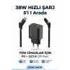 4 in 1 Hızlı Şarj Seti | 38W Çift Portlu Adaptör & Çok Başlıklı Örgü Kablo (Lightning/Type-C/USB)