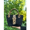 El Yapımı Leopar Kuşaklı Siyah Örgü Kadın Omuz Çantası – İpekyıldızı