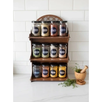 12li Meşe Rengi Mdf Standlı Dekoratif Baharatlık Seti - Baharatlık Takımı