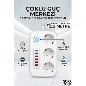 2500W Çoklu Priz 2 METRE – 3’lü AC Priz +5 USB Çıkışı AKIM KORUMALI Alev Almayan Gövde,