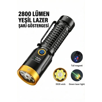 2800 Lümen Yeşil Lazerli Şarjlı El Feneri - Dijital Göstergeli Mıknatıslı Taktik Kamp Feneri