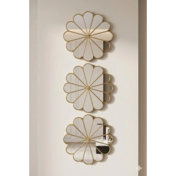 3’lü Gold Güneş Desenli Duvar Aynası Seti 27 cm | Dekoratif Yuvarlak Ayna