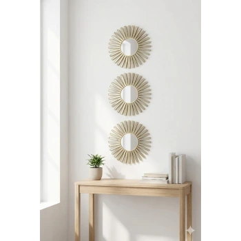 3’lü Gold Güneş Desenli Duvar Aynası Seti 27 cm | Dekoratif Yuvarlak Ayna