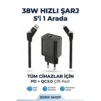 4 in 1 Hızlı Şarj Seti | 38W Çift Portlu Adaptör & Çok Başlıklı Örgü Kablo (Lightning/Type-C/USB)
