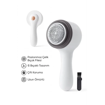 6 Bıçaklı Şarjlı Tüy Ve Tiftik Temizleme Makinesi Beyaz Yuvarlak Tasarım YEDEK BIÇAKLI