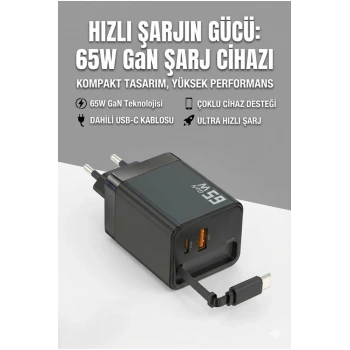 65W Süper Hızlı Şarj Cihazı | Dahili Type-C Kablo | USB-C & USB-A Çıkış | Çoklu Cihaz Desteği