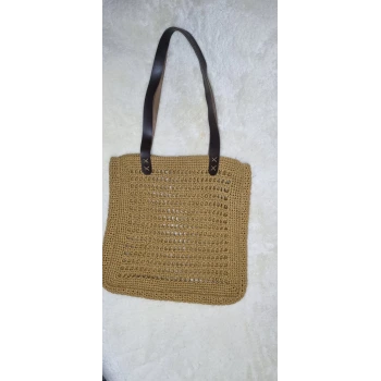 El Yapımı Sarı Örgü Kadın Çantası – Siyah Deri Saplı – İpekyıldızı