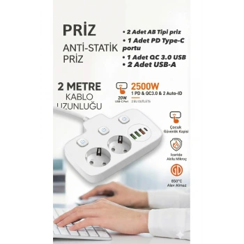 Akım Korumalı 2500W Güçlü 3 USB + Type-C Portlu Çoklu Priz | Hızlı Şarj, Çocuk Kilidi, 2 METRE
