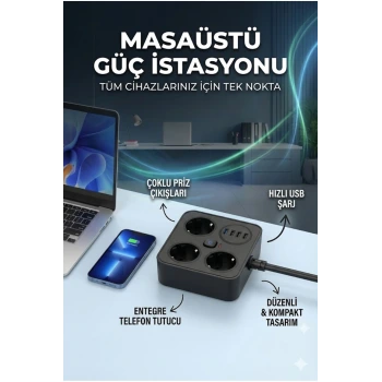 AKIM KORUMALI Avrupa Soket Kartı Tip-C Usb 2 m Uzatma Kablosu Emniyet Anahtarı ile