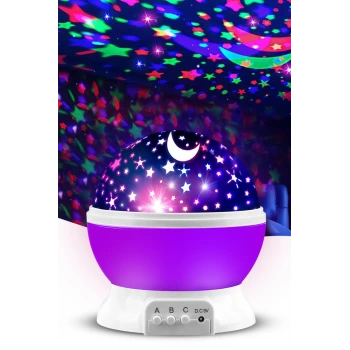 Ay Ve Yıldızlı Gökyüzü Yansıtmalı Dönen Projeksiyon Gece Lambası- Çocuk Bebek Odası Mor