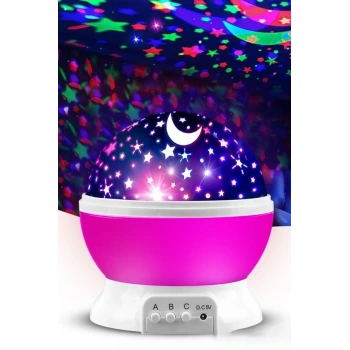 Ay ve Yıldızlı Gökyüzü Yansıtmalı Dönen Projeksiyon Gece Lambası- Çocuk Bebek Odası Pembe