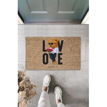 Bej Kapı Önü Paspası Kırmızı Güller Ayıcık Desen  K-3338