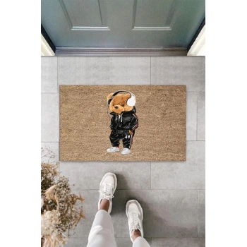 Bej Kapı Önü Paspası Kulaklıklı Ayıcık Desen  K-3347