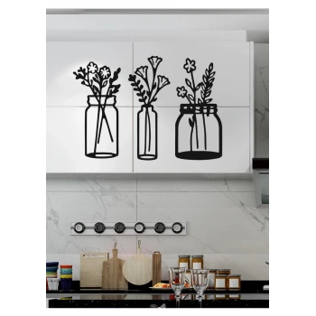 Çiçekli Kavanozlar – Ahşap Mutfak Duvar Dekoru (3’lü Set)