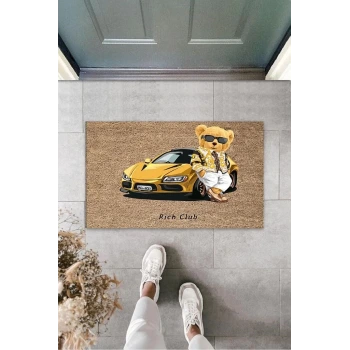 Dekoratif Dijital Arabalı Ayıcık Bej Kapı Paspası Dış Mekan Paspas K-3183