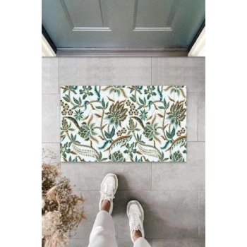 Dekoratif Dijital Çiçek Mavi Kapı Paspası Dış Mekan Paspas K-3056