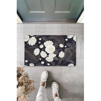 Dekoratif Dijital Çiçekler Arasında Tek Kuş Siyah Kapı Paspası Dış Mekan Paspas K-3109