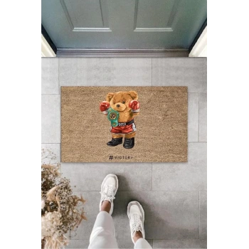 Dekoratif Dijital Fighter Ayıcık Bej Kapı Paspası Dış Mekan Paspas K-3181