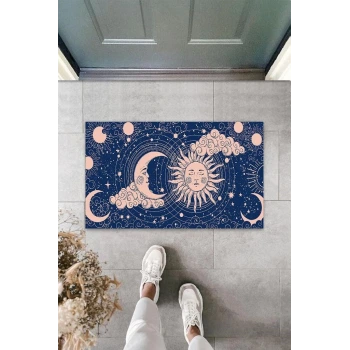Dekoratif Dijital Güneş ve Ay Lacivert Kapı Paspası Dış Mekan Paspas K-3115