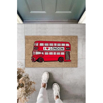 Dekoratif Dijital I Love London Otobüsü Kırmızı Kapı Paspası Dış Mekan Paspas K-3172