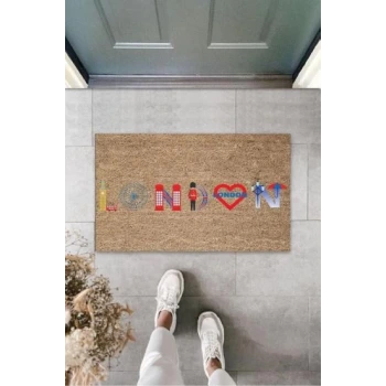 Dekoratif Dijital London Kalpli Bej Kapı Paspası Dış Mekan Paspas K-3162