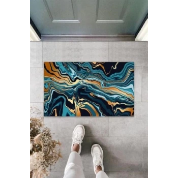 Dekoratif Dijital Modern Dalgalı Turkuaz Kapı Paspası Dış Mekan Paspas K-3106