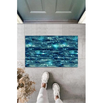 Dekoratif Dijital Pullu Mavi Kapı Paspası Dış Mekan Paspas K-3165